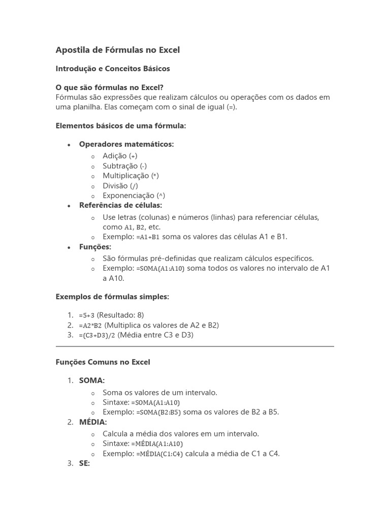 Fórmulas Básicas no Excel | PDF | Microsoft Excel | Exponenciação