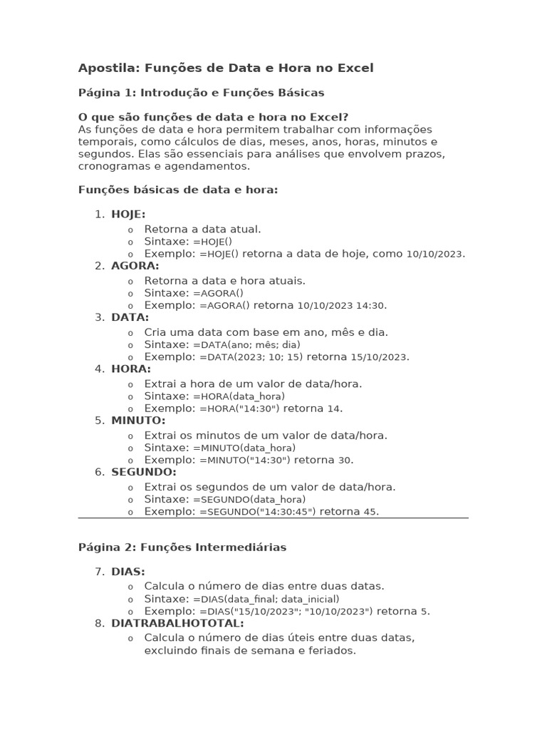 Funções de Data e Hora no Excel | PDF