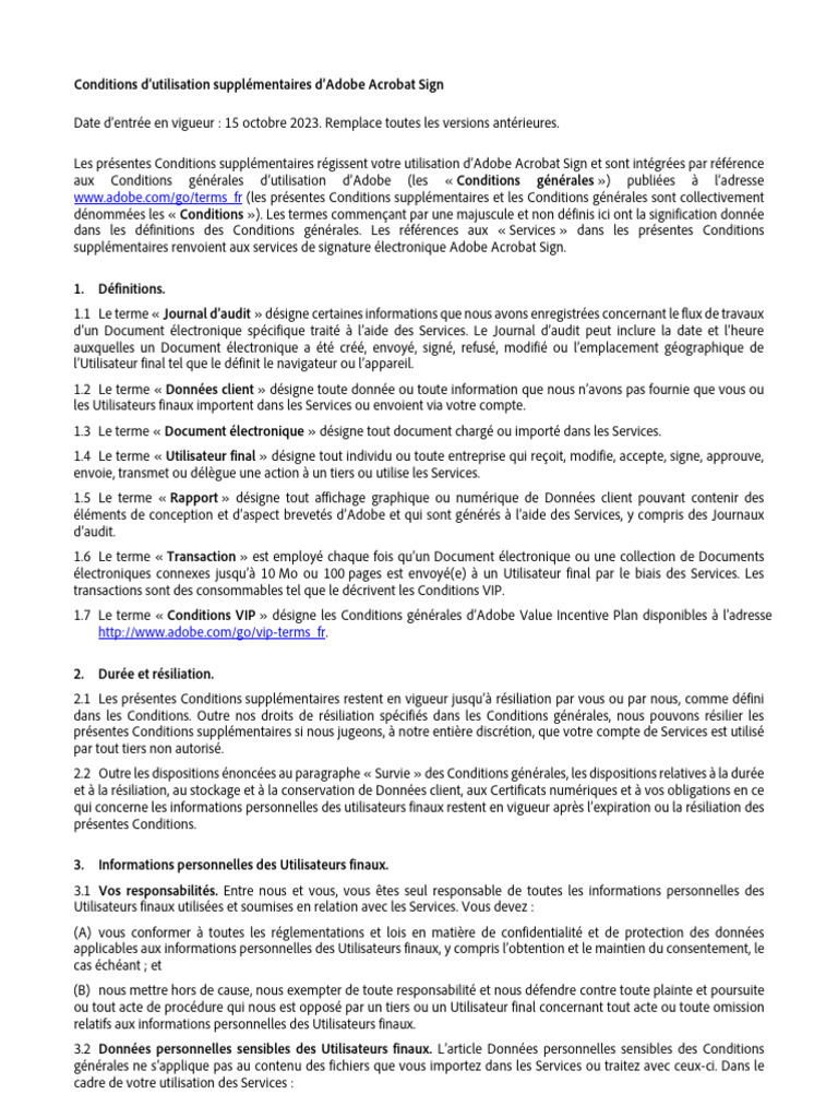 Conditions d'utilisation d'Adobe Acrobat Sign | PDF | Sécurité des ...