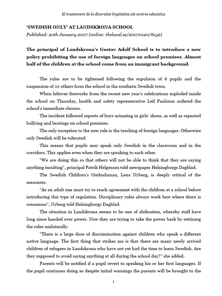 Language Ban Controversy at Landskrona School | PDF | Human Rights ...