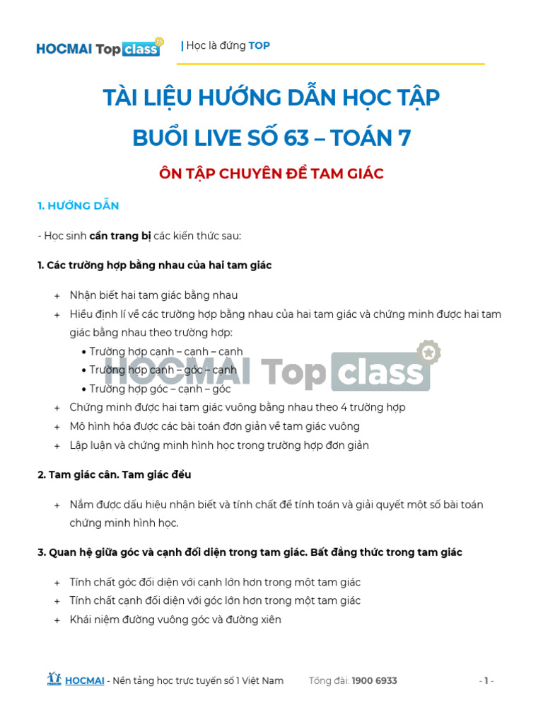 HDHT - Toan 7 - Buoi 63 - Topclass - On Tap Chuyen de Tam Giac ...