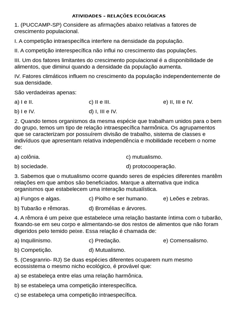 Atividades sobre Relações Ecológicas | PDF | Interações biológicas ...