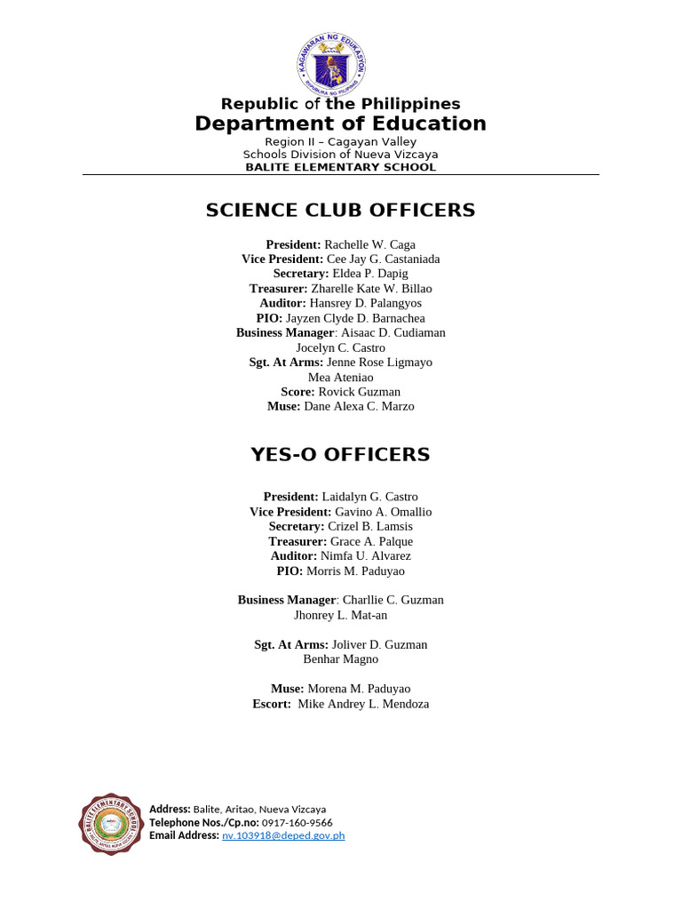 Balite Elementary School Club Officers | PDF