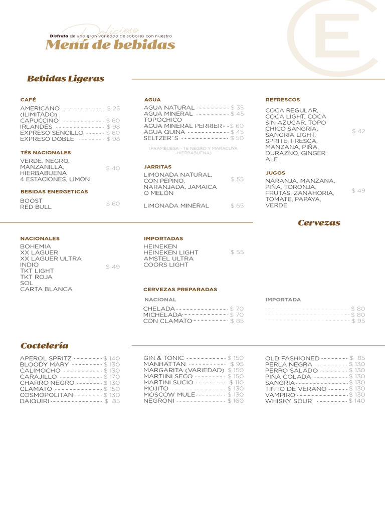 Menú de Bebidas Variadas y Precios | PDF | Bebida | Bebidas Mixtas