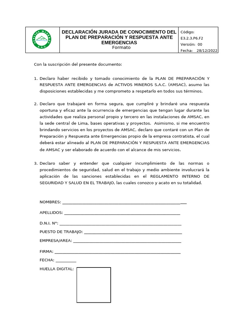 Declaración Jurada de Emergencias AMSAC | PDF