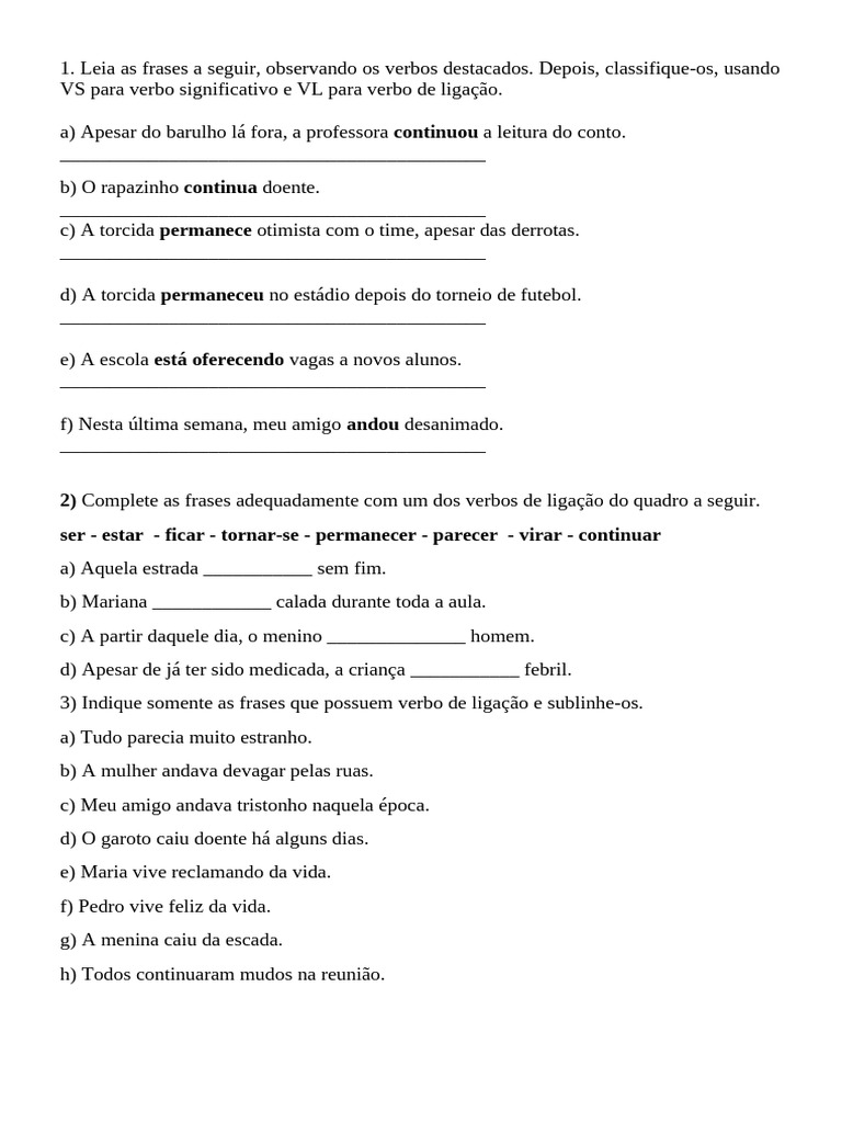 Exercícios sobre Verbos de Ligação | PDF