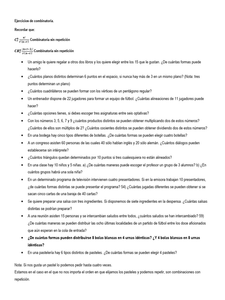 Ejercicios Prácticos de Combinatoria | PDF | Combinatoria