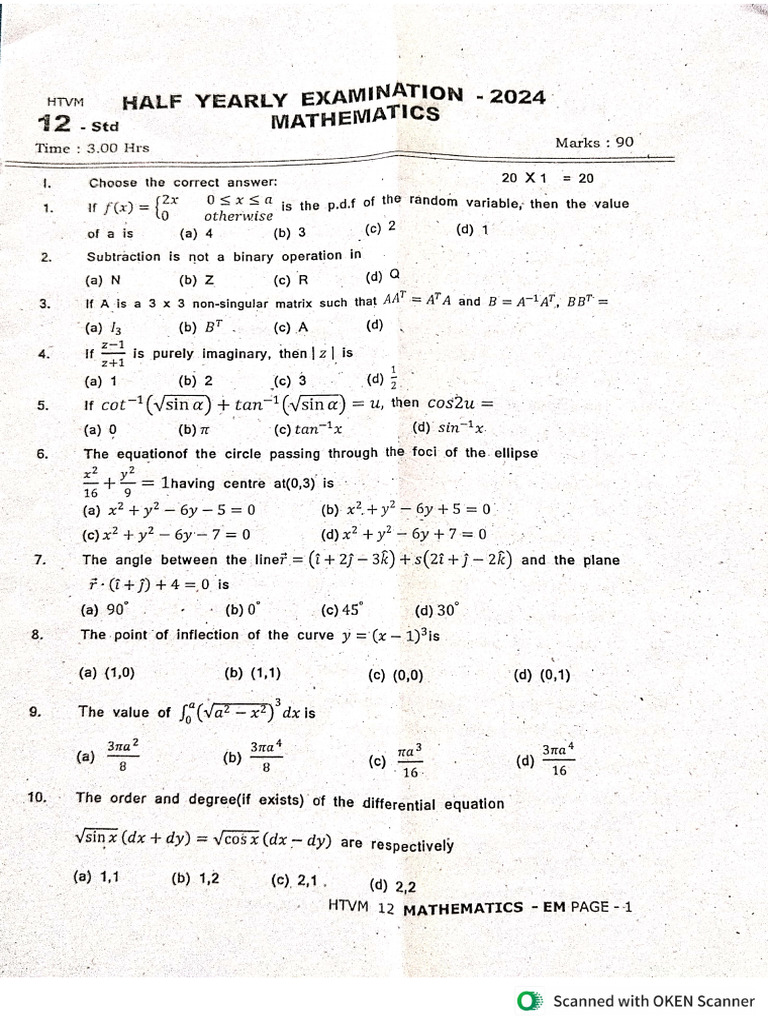 Class 12 Maths Half Yearly Paper 2024 | PDF