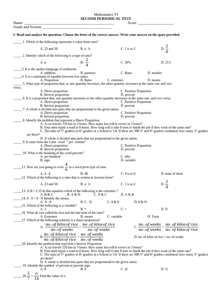 Mathematics VI Periodical Test Guide | PDF | Ratio | Quantity