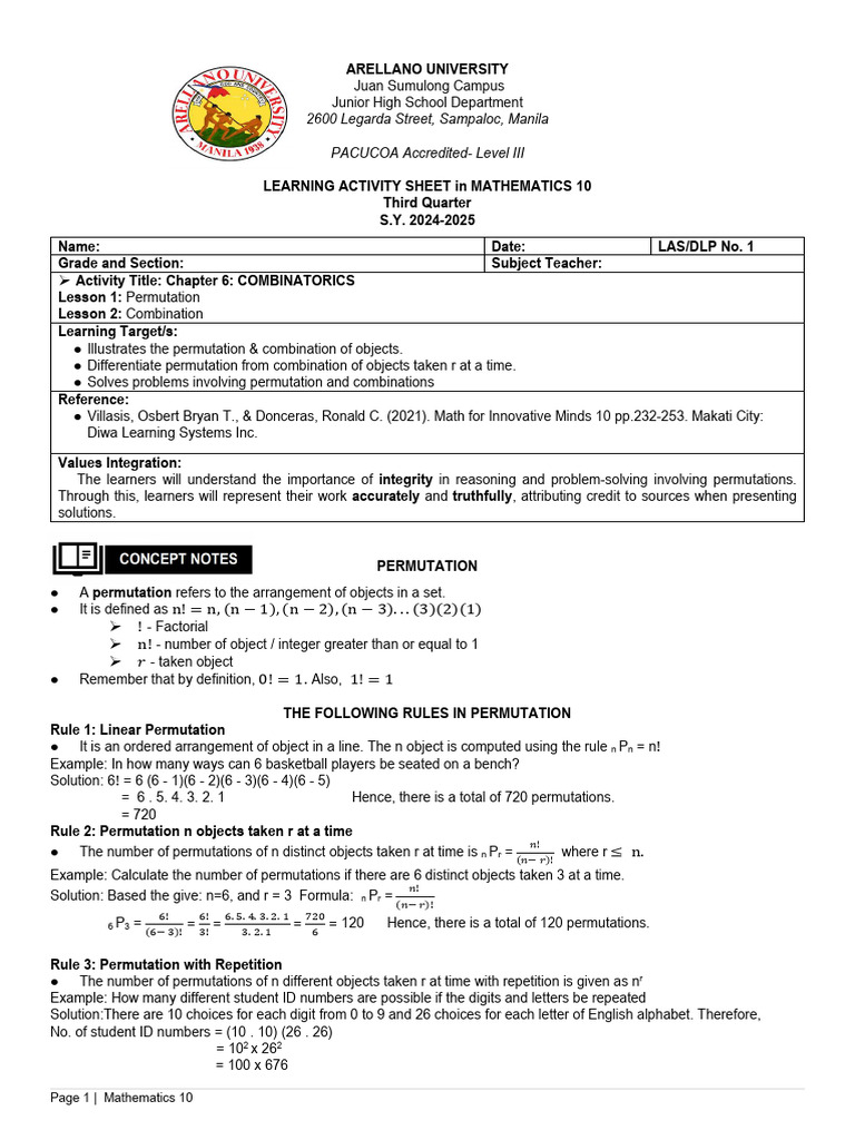 Mathematics 10: Permutation & Combination Guide | PDF | Permutation ...