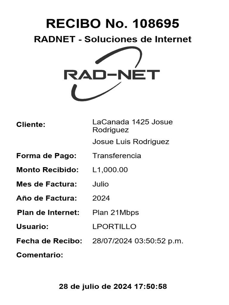 Recibo de Internet Julio 2024 - Radnet | PDF