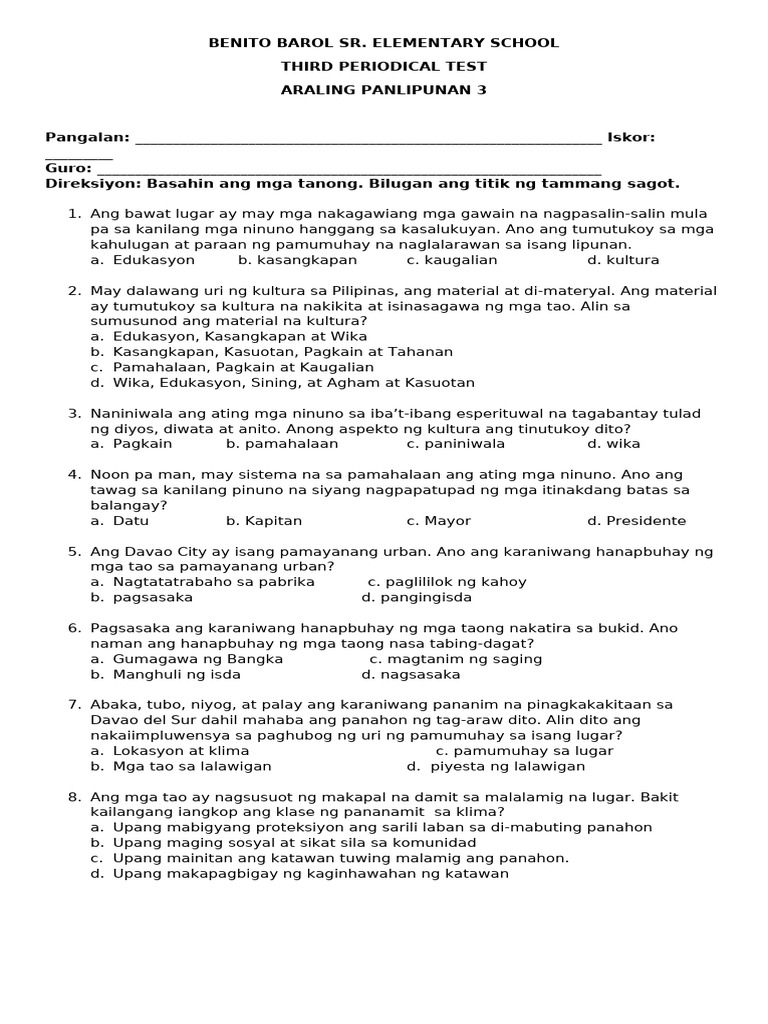 3rd Periodical Test in AP3 New | PDF