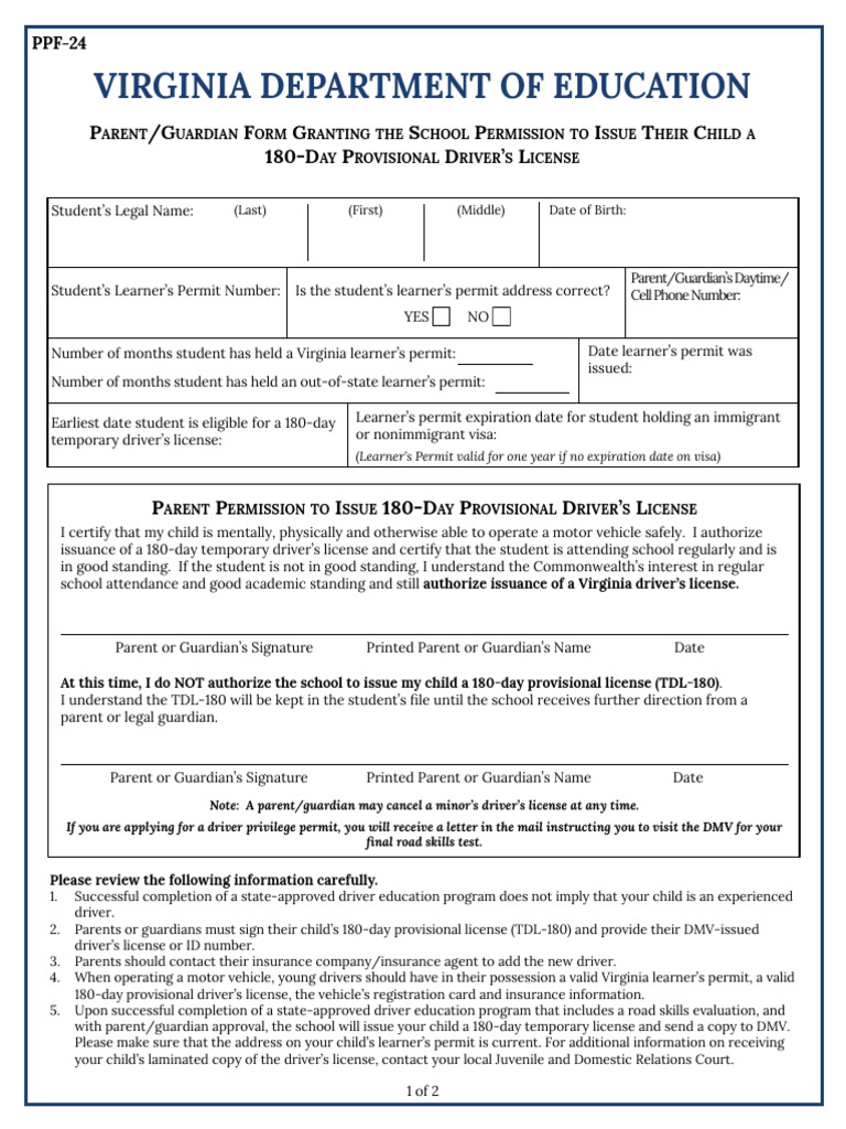 Parent Consent for 180-Day License | PDF | Driver's License | Transport