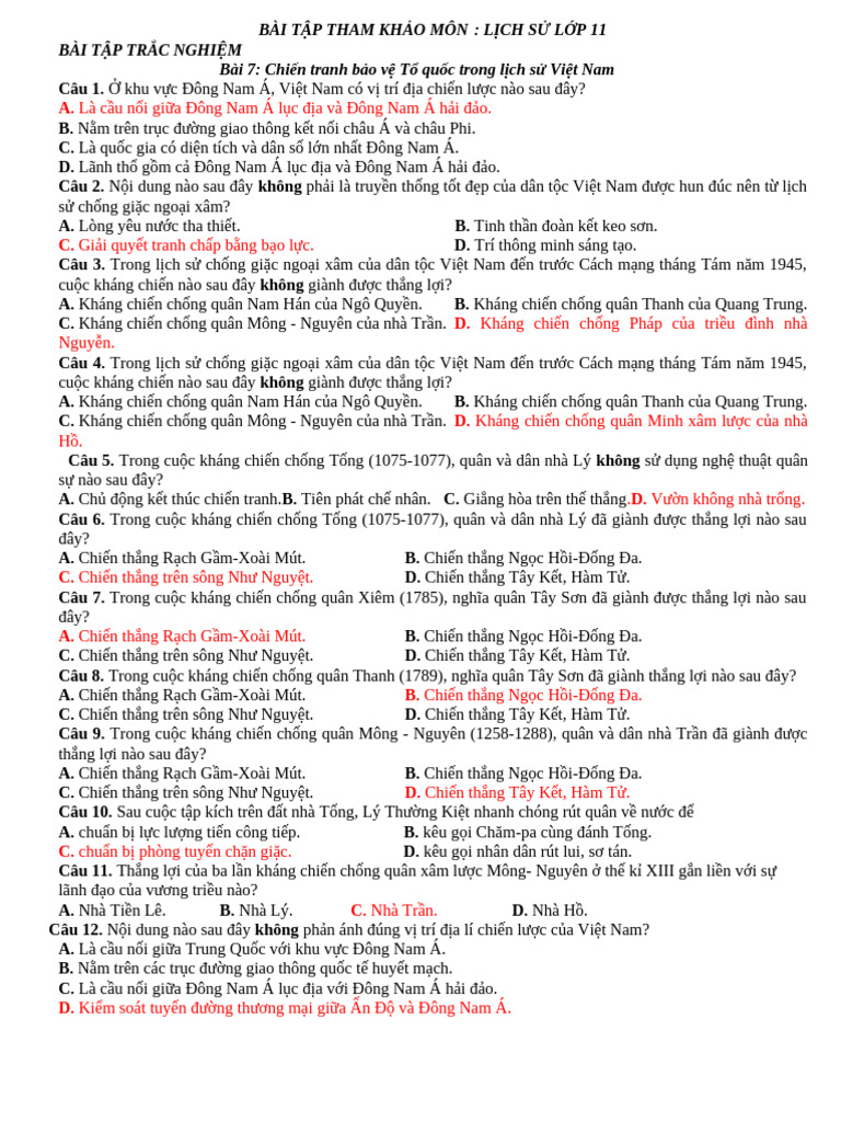Bài Tập Tham Khảo Su 11 | PDF