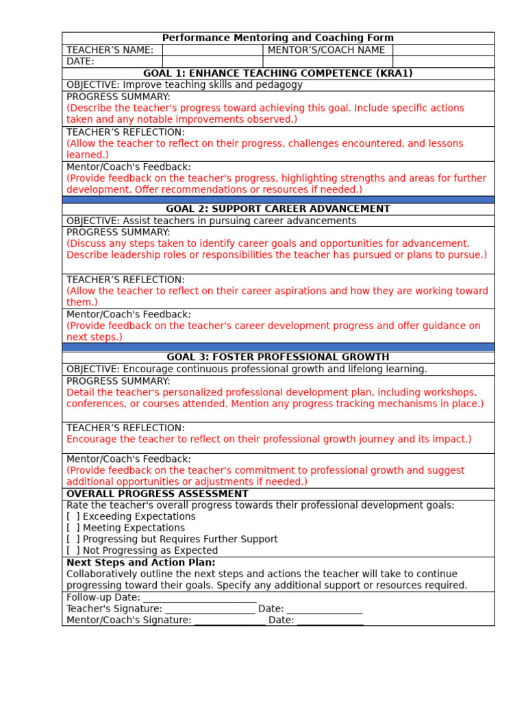 Teacher Performance Coaching Form | PDF