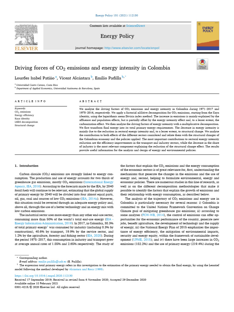 Driving Forces of CO2 Emissions and Energy Intensity in Colombia - L.I ...