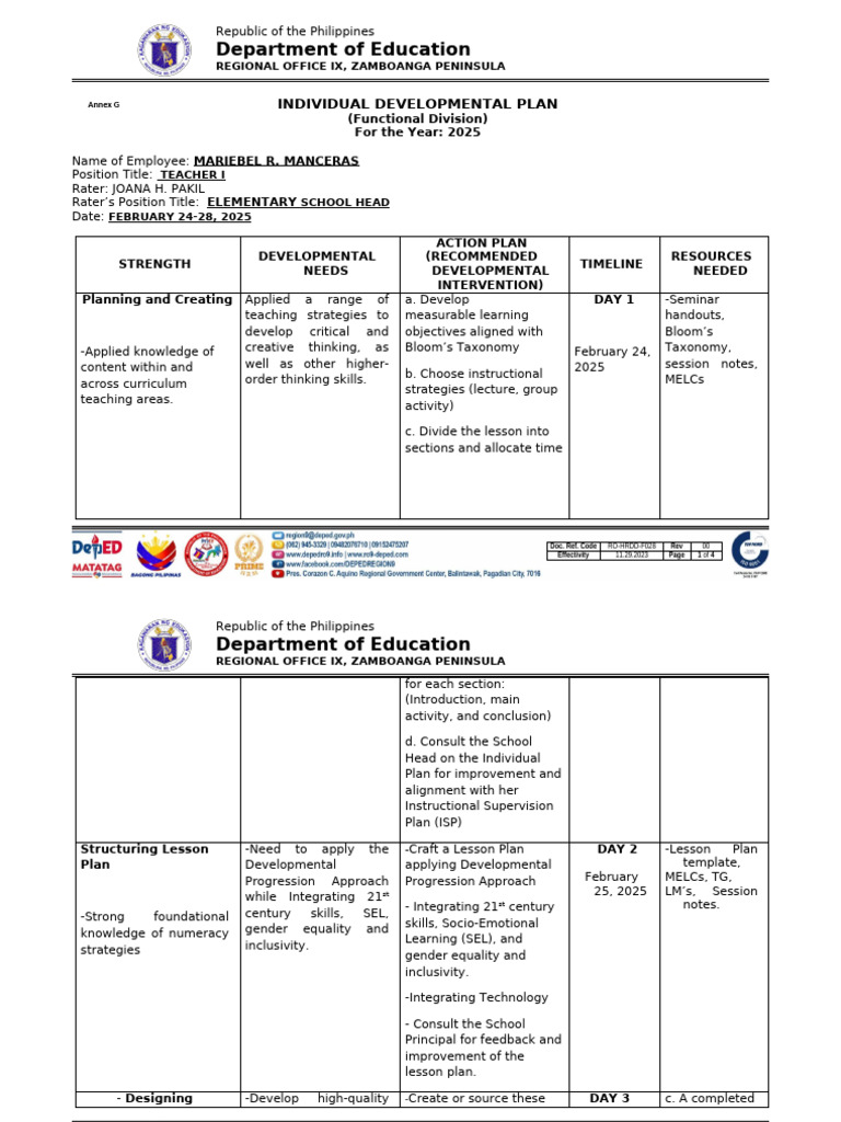 2025 Individual Development Plan for Teacher | PDF | Lesson Plan ...