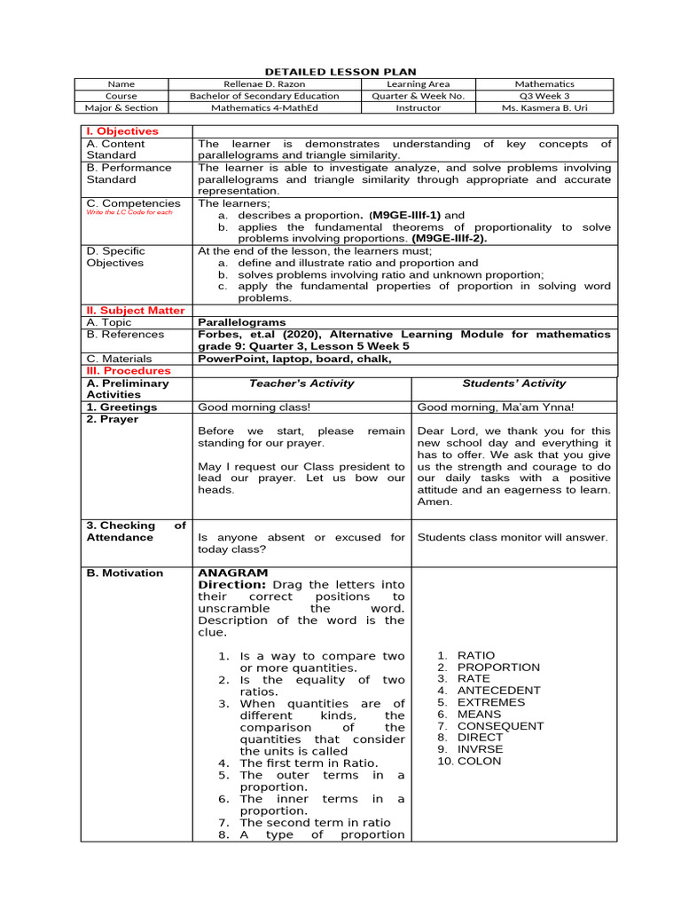 Lesson Plan on Ratios and Proportions | PDF | Ratio | Mathematics