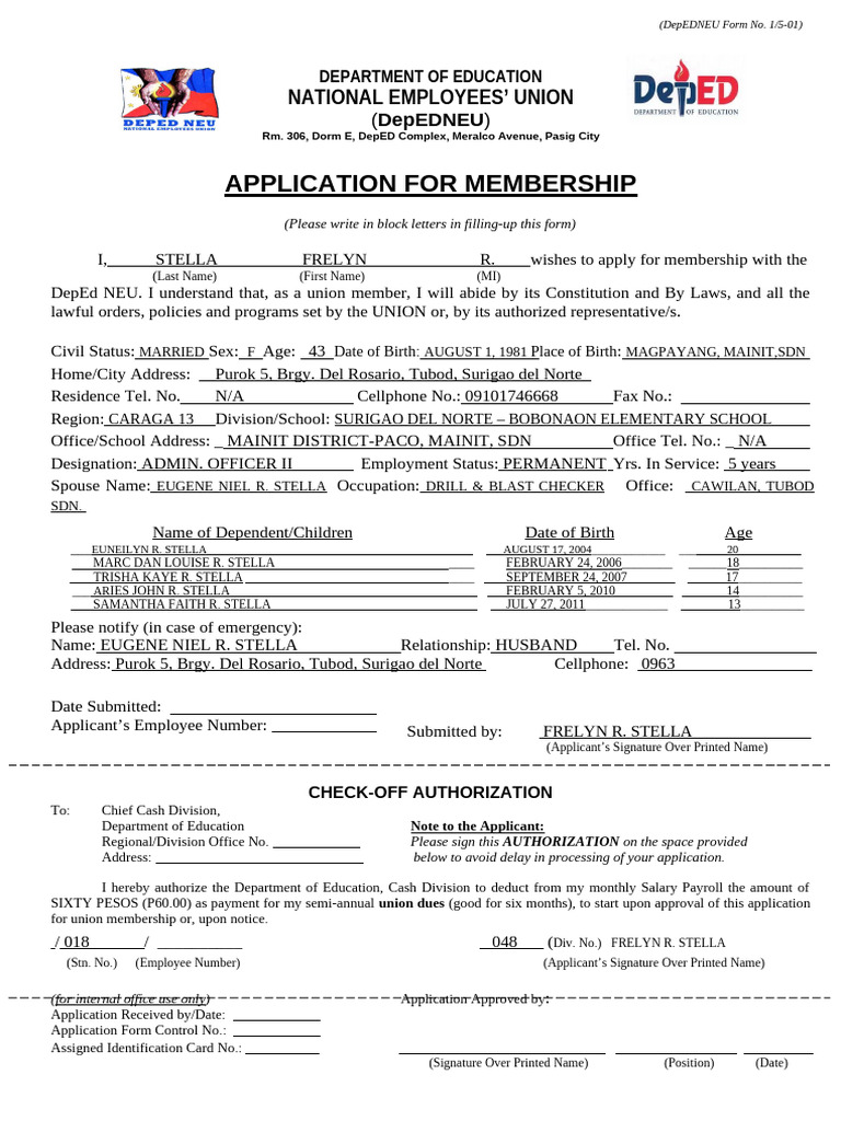 DepEd NEU Membership Application Form | PDF | Government