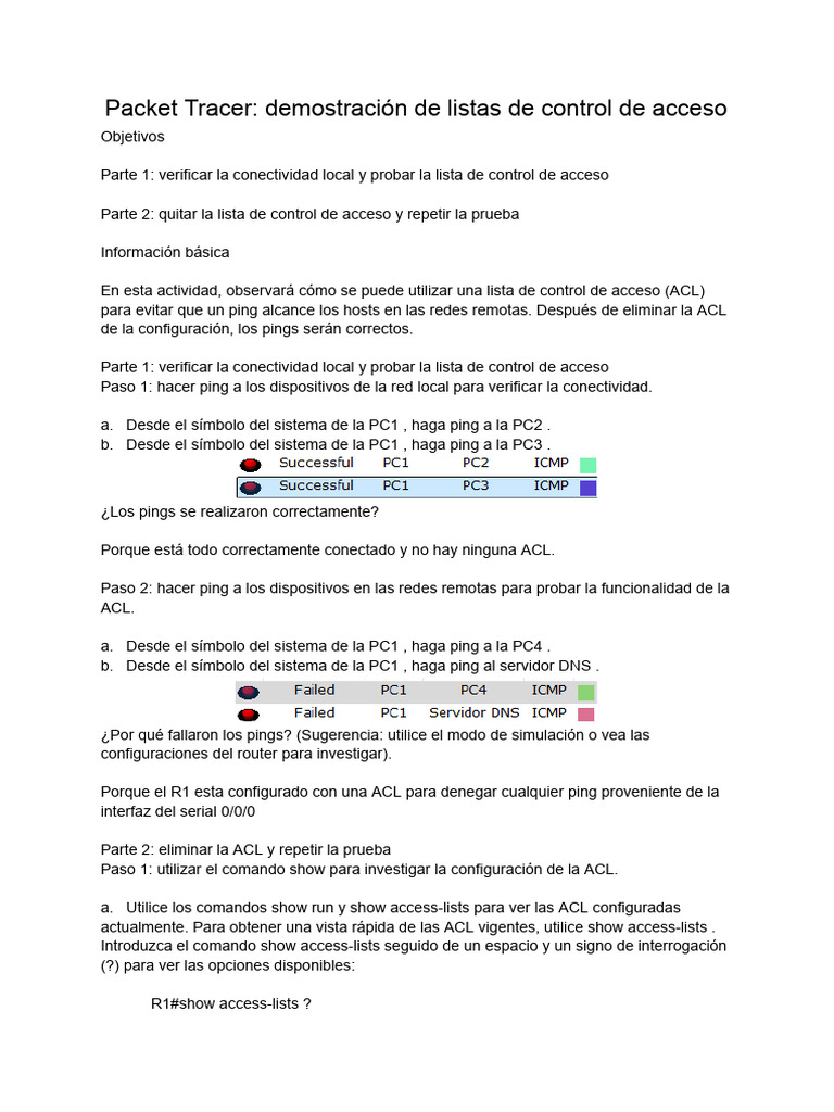 Configuración y Prueba de ACL en Packet Tracer | PDF | Ciencias de la ...