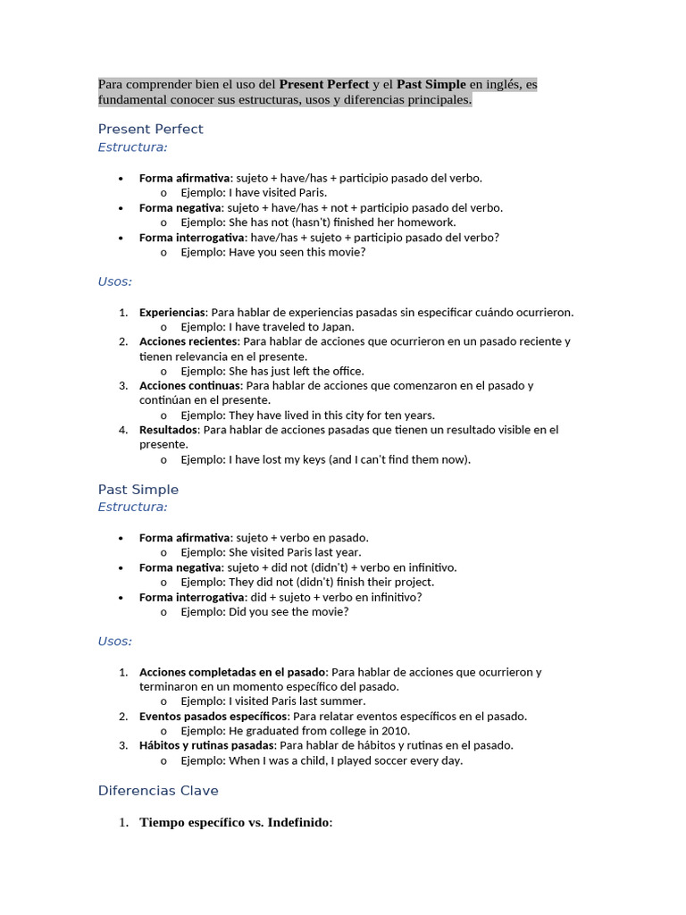 Present Perfect vs. Past Simple en Inglés | PDF | Verbo | Sintaxis