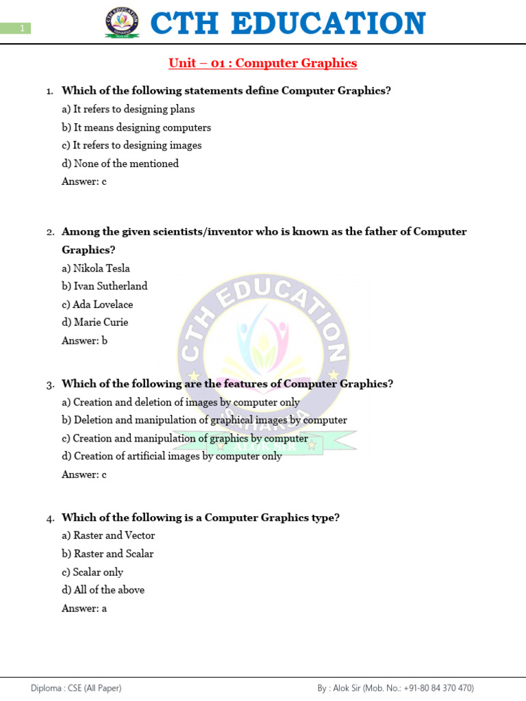 Computer Graphics Diploma Quiz Questions | PDF | Computer Graphics ...
