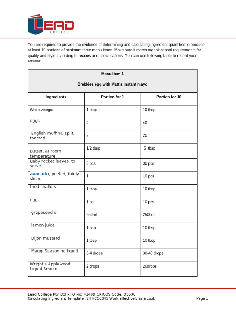 56.SITHCCC043 Calculating Ingredient Quantities Template AT2.v1.0 | PDF ...