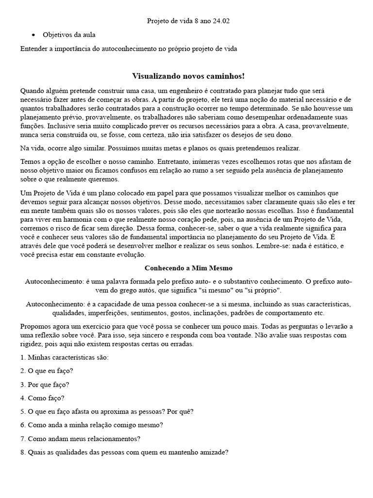 Projeto de Vida 8 Ano 24.02 | PDF | Vida | Tempo