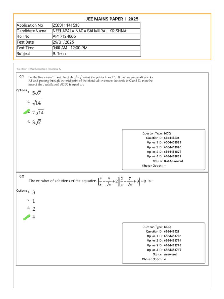 JEE Mains 2025 Candidate Exam Details | PDF | Multiple Choice ...