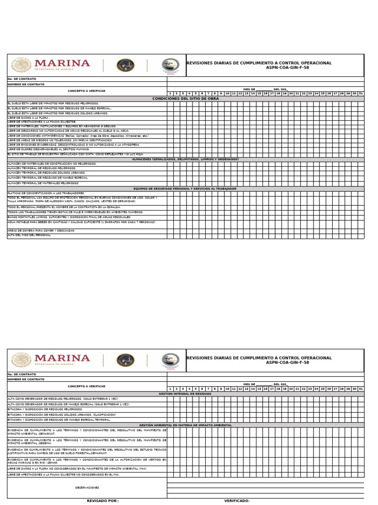 F-58 Chek List Verificación Diaria | PDF | Residuos | Entorno natural