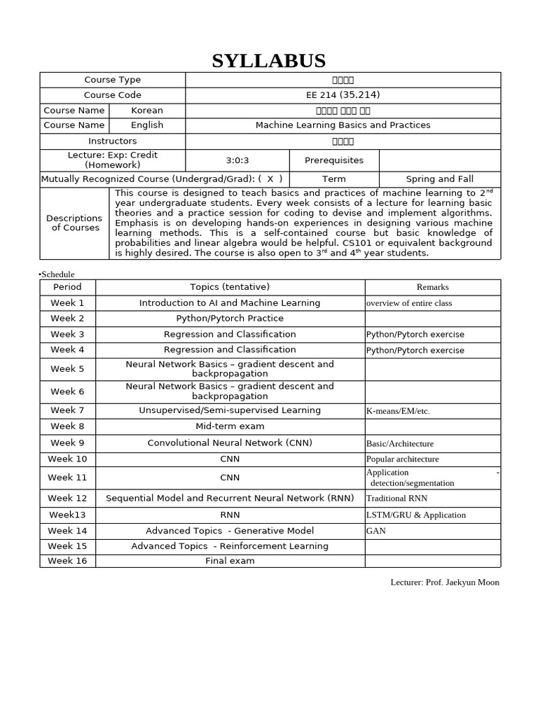 EE 214: Machine Learning Basics Syllabus | PDF | Machine Learning ...