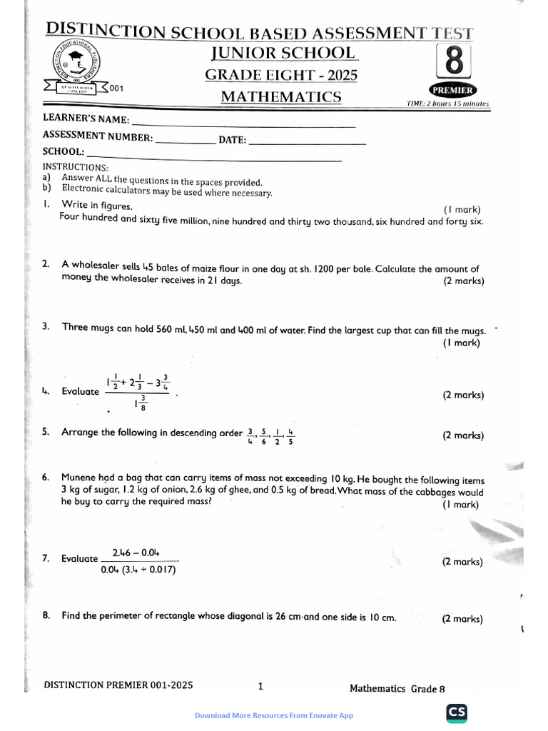 Grade 8 Distinction Exam Resources | PDF