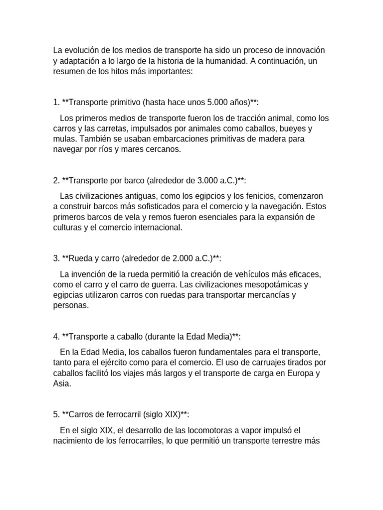 Resumen de la evolución del transporte | PDF | Carro | Transporte