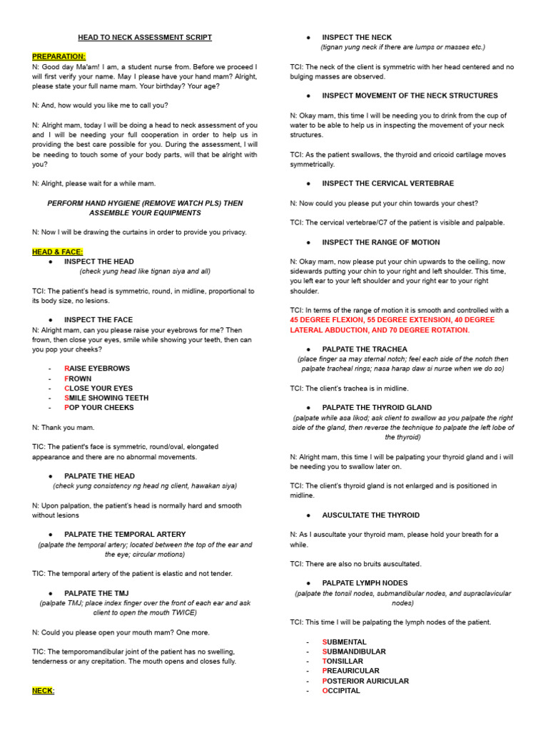 Head to Neck Assessment Guide | PDF | Human Nose | Tongue