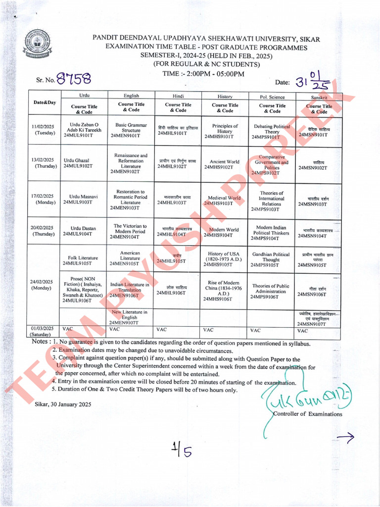 P G Semester 1 Exam 2024 25 Time Table Pdf