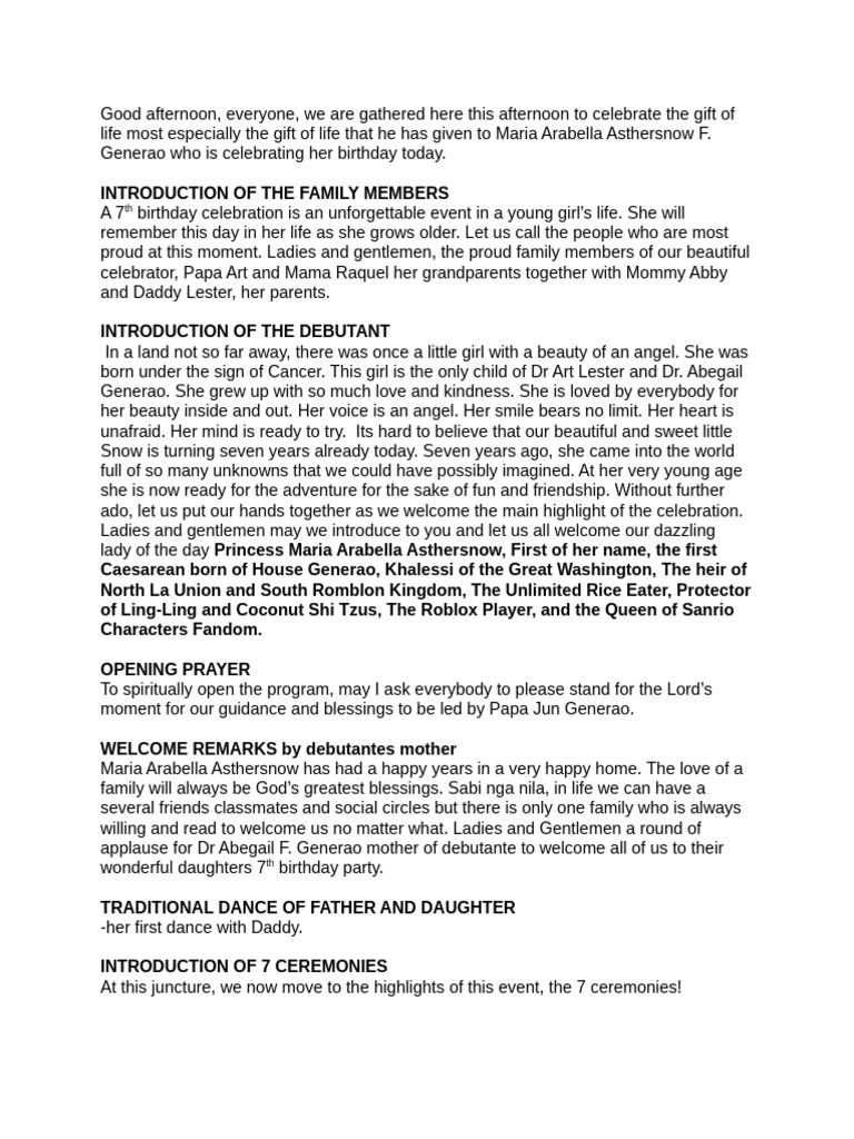 7th Birthday Snow Script | PDF | Family | Human Development