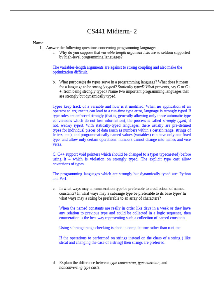 CS441 Midterm-2: Name | PDF | Data Type | Scope (Computer Science)