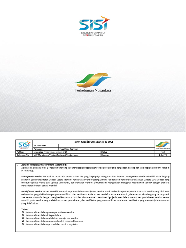 UAT Manajemen Vendor IPS PTPN III | PDF