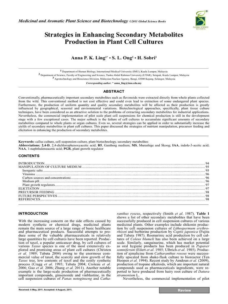 Secondary Metabolites Production in Plant Tissue Culture.1pdf | PDF ...