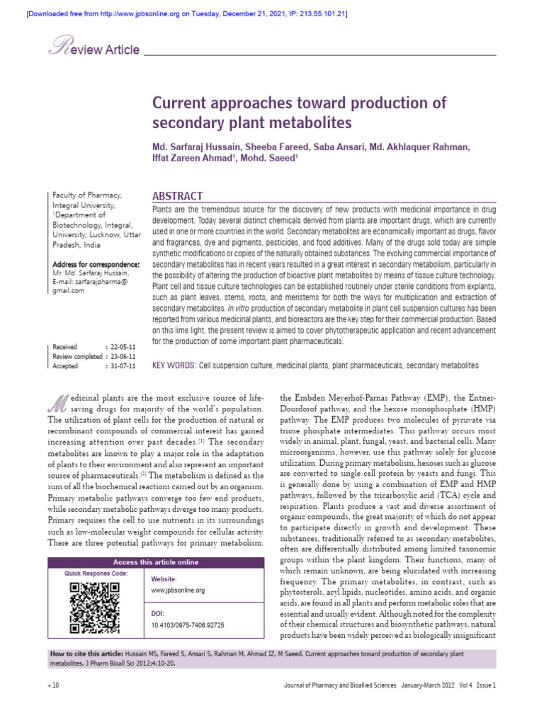 Production of Secondary Plant Metabolites | PDF | Metabolic Pathway ...