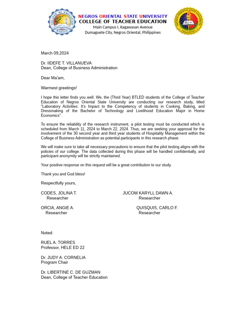 Letter For Pilot Testing | PDF