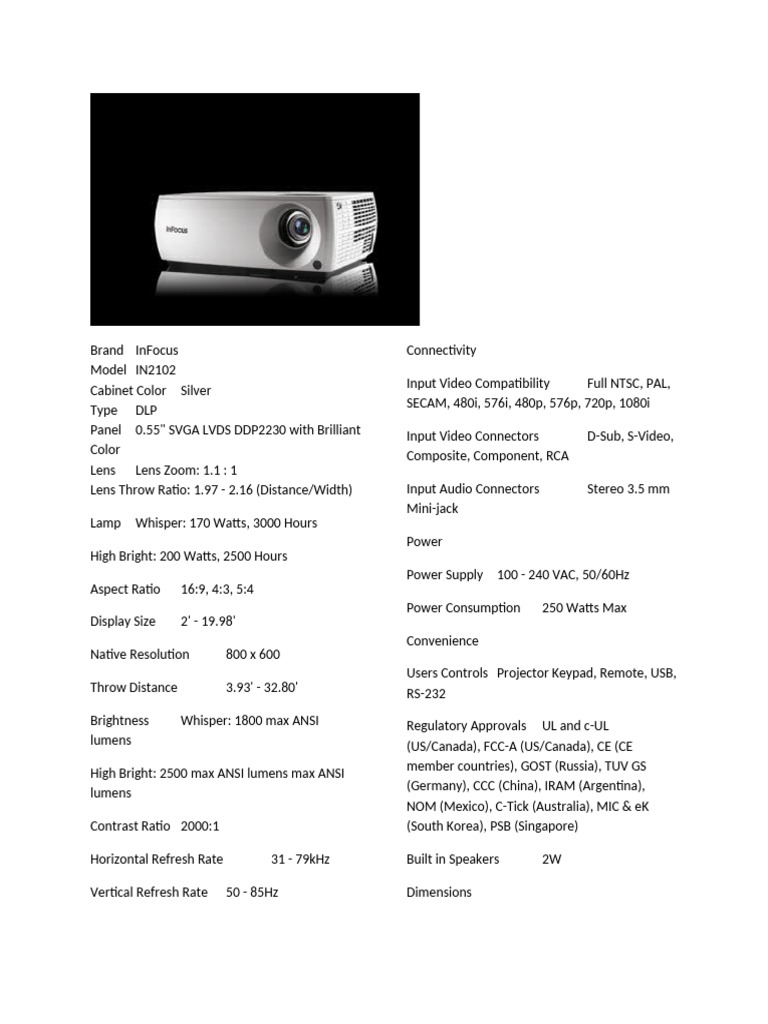 Brand InFocus IN2102 Projector Specs | PDF