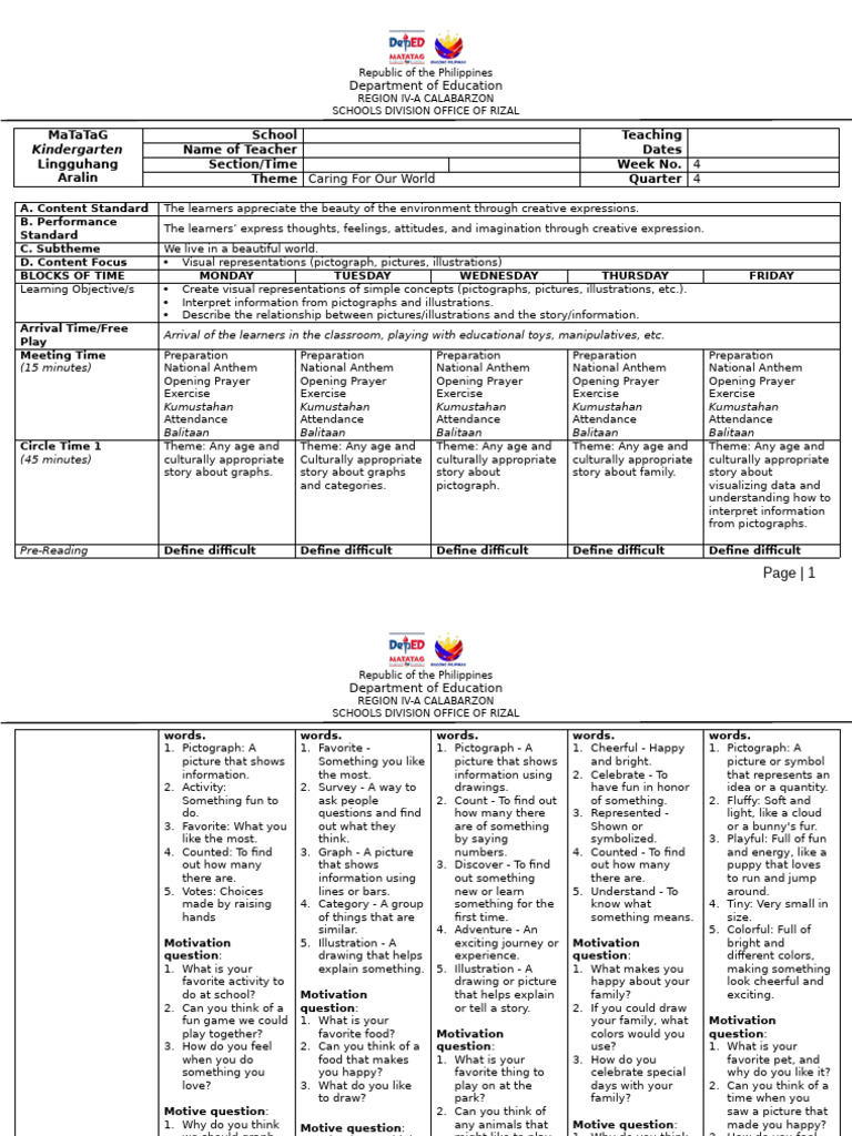 Kindergarten Weekly Lesson Plan: Caring for Our World | PDF | Teachers ...