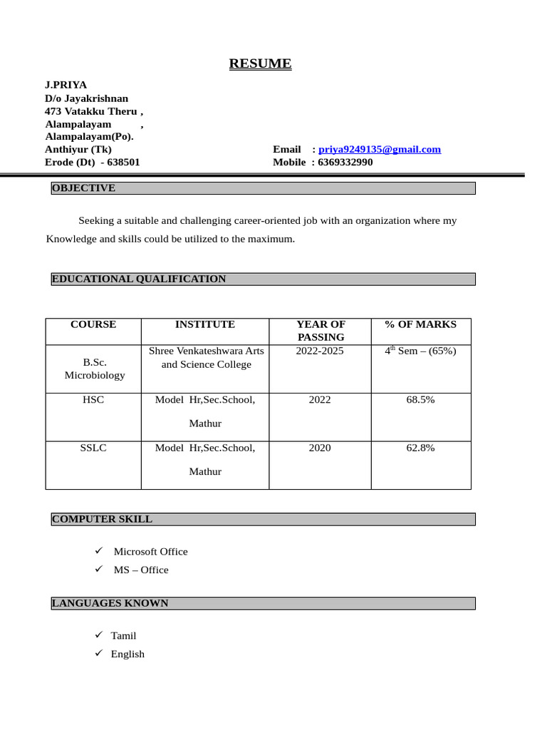 J. Priya's Microbiology Resume | PDF
