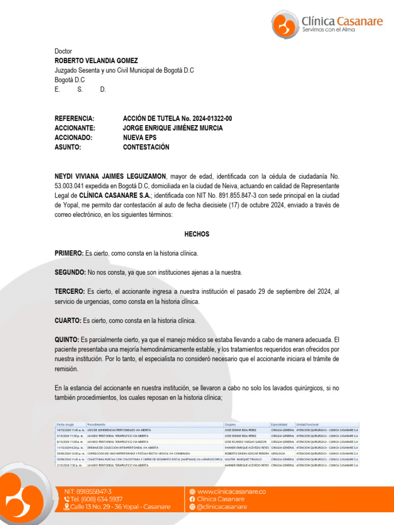 Contestacion Accion de Tutela 2024-01322 | PDF | Historial médico