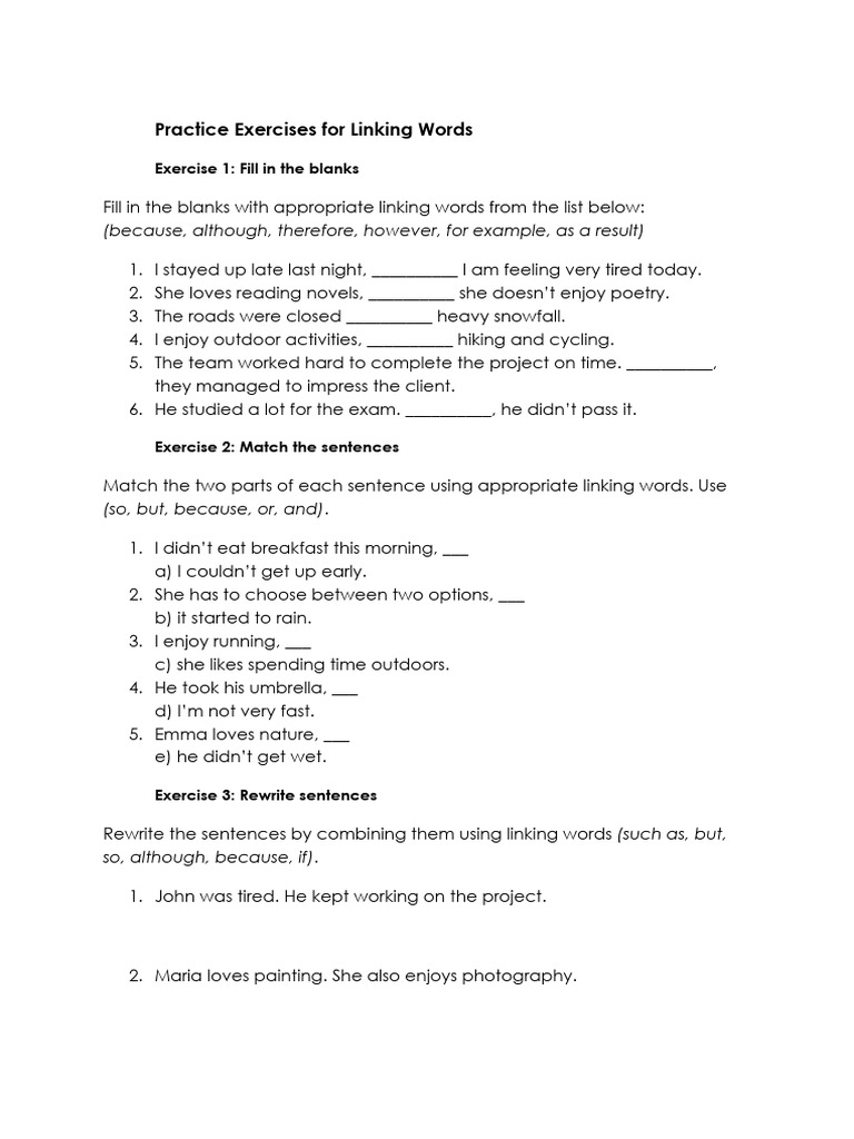 Linking Words Practice Exercises | PDF