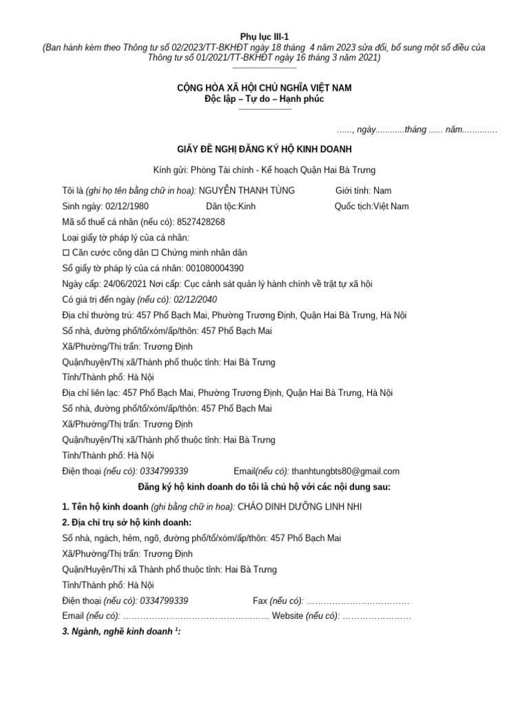 Phu Luc III - 1 (TT 02.2023 TT-BKHDT) | PDF