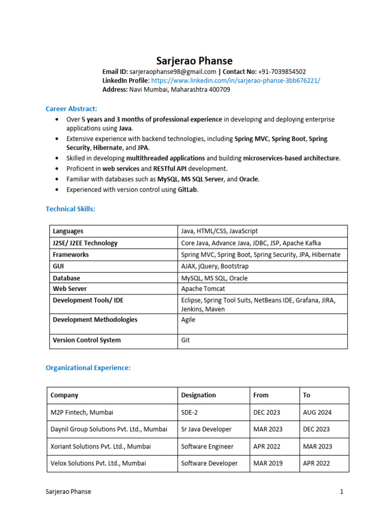 Sarjerao Java Developer 5yrs | PDF | Computing | Software Engineering
