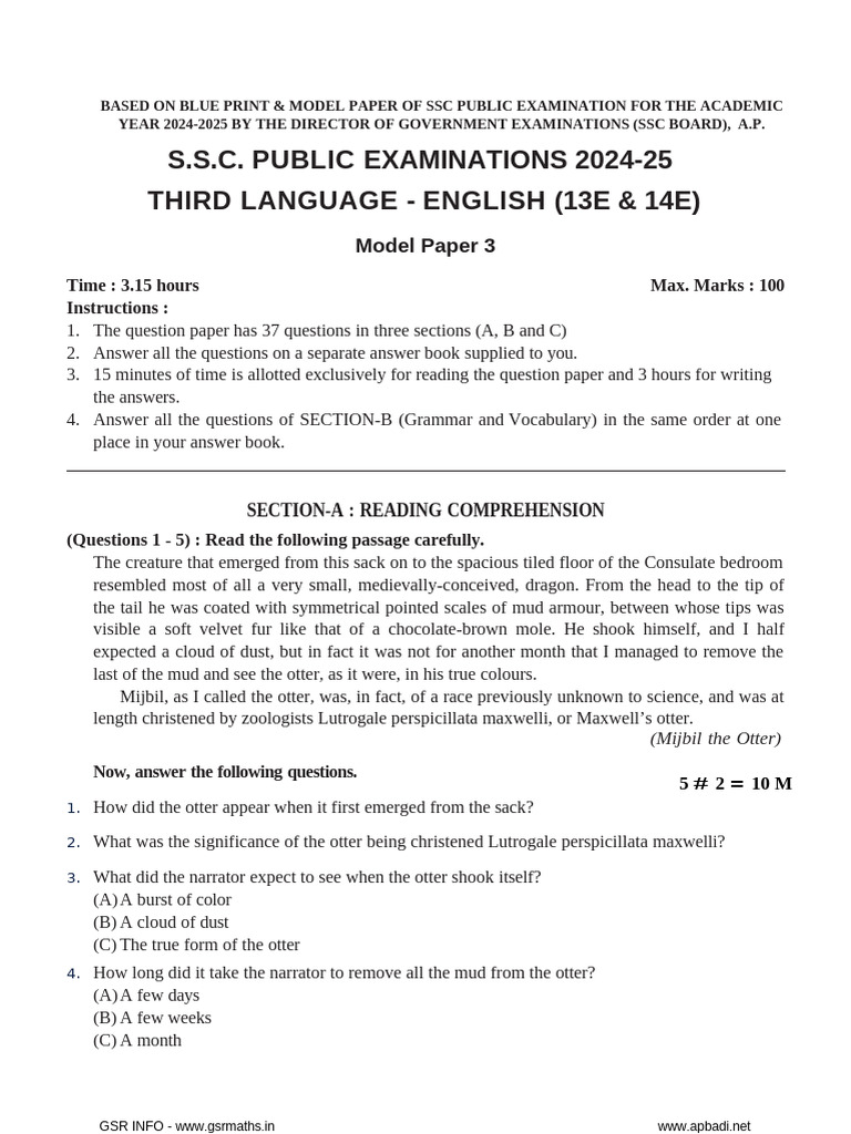 AP Board 10th English Model Paper 3 | PDF | Linguistics