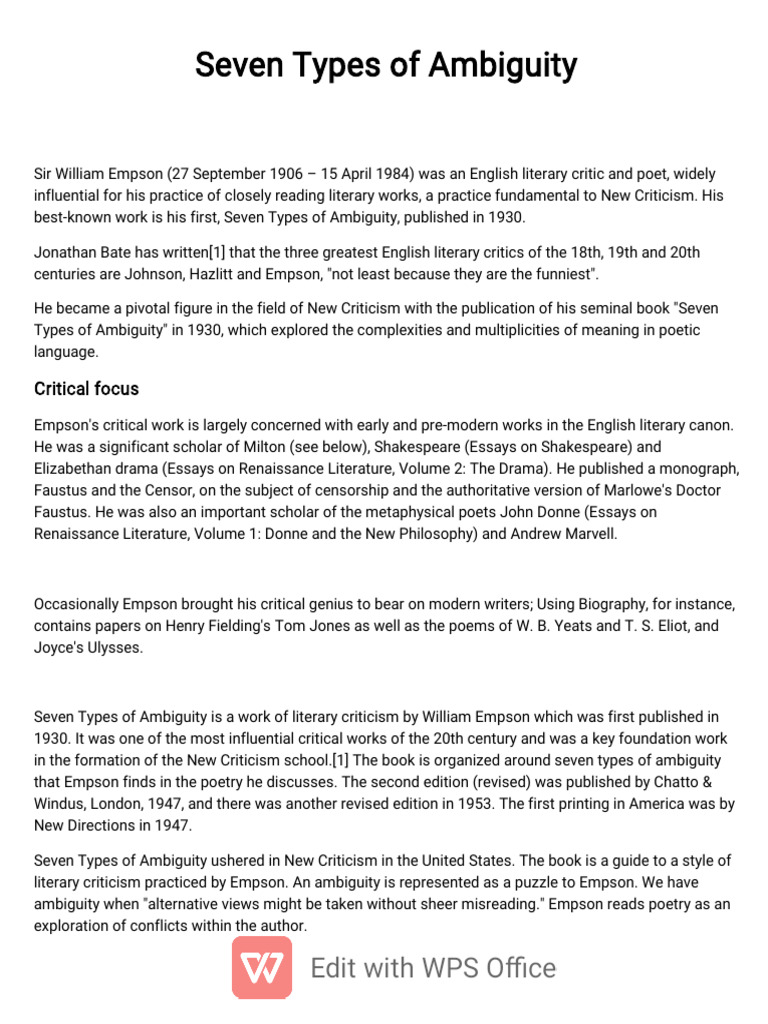Empson's Seven Types of Ambiguity Explained | PDF